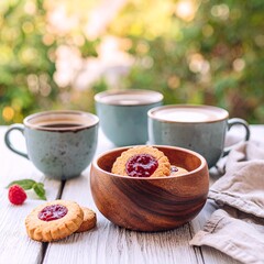 Tasses de café crème accompagnées de biscuits sablés garnis de confiture à la framboise. Custom AI Model