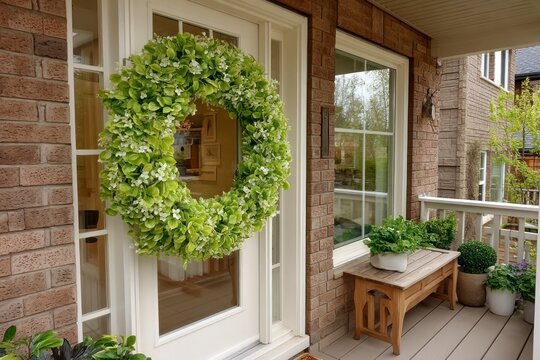 Charming Front Door Decor with Green Wreath and Potted Plants Perfect for Springtime Home Dco