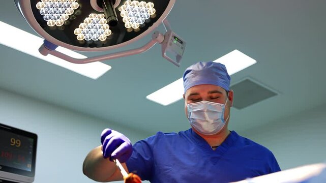 Positive smiling Caucasian doctor covering the operating spot with iodine solution. Low angle view at the surgeon getting ready for surgery.