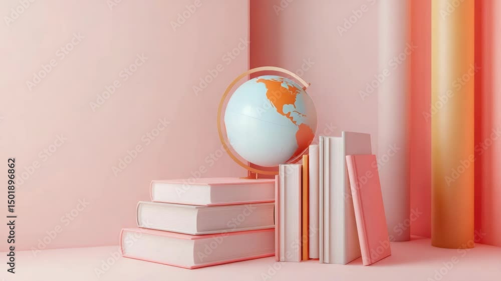 Poster a globe sits atop a stack of books, conveying knowledge and exploration