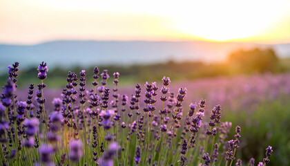 Fototapeta premium Lavender Field at Sunset with Purple Flowers and Golden Hour Light