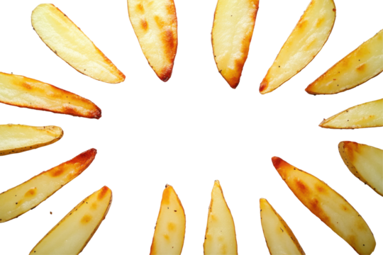 Potato wedges circle a feast for the eyes on a stark white background