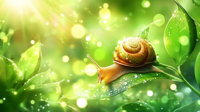 a snail with a glossy shell crawling on a vibrant green stem, dewy leaves around, sunlight glinting through the forest greenery, soft focus background