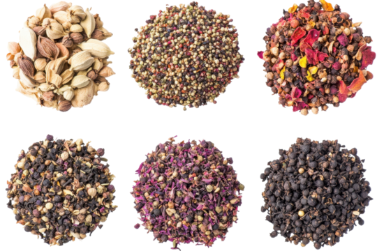 Six spice mounds on black aromatic treasures revealed in a captivating still life