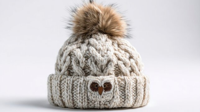 Cozy Knitted Winter Hat with Owl Design and Fur PomPom Perfect for Cold Weather Fashion and A