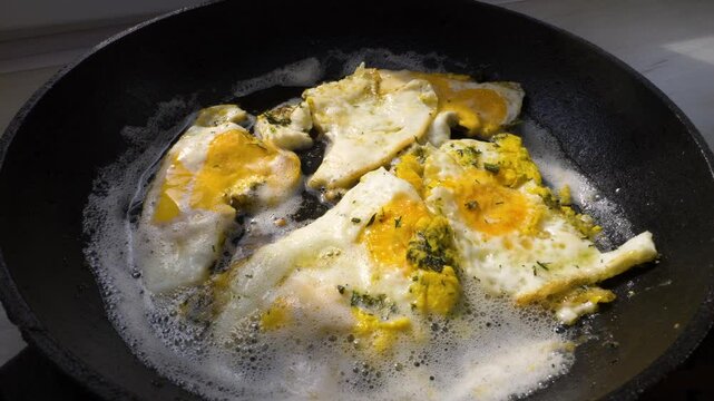 Eating omelette in a frying pan from chicken eggs, frying eggs, slow motion