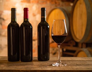 solo una copa con vino al lado de tres botellas de vino paradas, catar vino, ambiente de bodega de vino