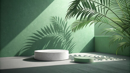 Minimalist green room scene with marble and green cylinders palm leaf shadows