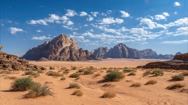 Desert landscape with red sand, rocky mountains, sparse vegetation, and blue sky with scattered clouds
