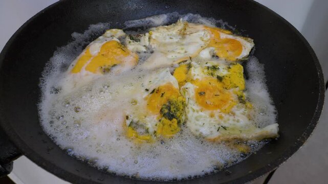Eating omelette in a frying pan from chicken eggs, frying eggs, slow motion.