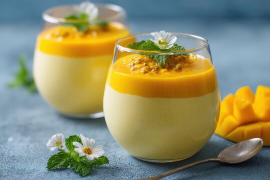 Transparent dessert cup filled with mango mousse, airy layers of whipped mango and cream, sweet summer delight light gray background