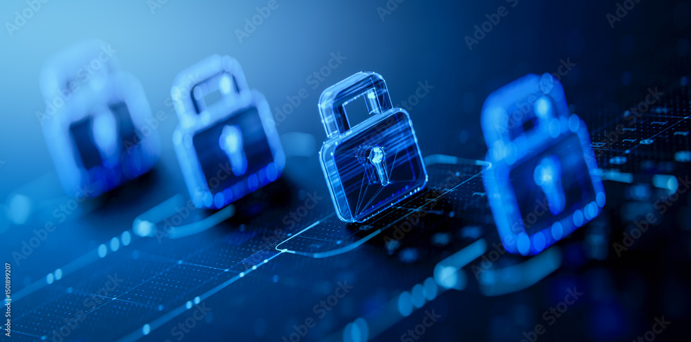 Poster cyber security concept: lock icon for safe data and network protection