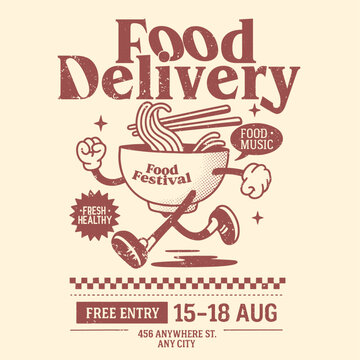 food delivery carrton graphics. food festival for free entry. ramen food print. carectar graphics for t-shirt design. humar graphics tee.