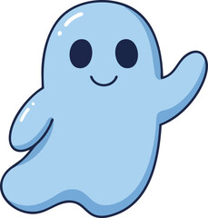 Cute blue cartoon ghost waving happily in friendly cheerful expression vector illustration 
