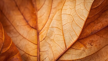Fototapeta premium Close-up macro shot of a beautiful textured and veined brown autumn leaf