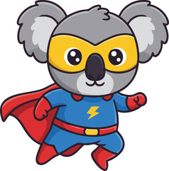 Obraz premium Koala superhero flying in red cape and blue costume with yellow mask cartoon vector illustration