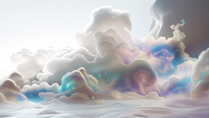 The image presents a surreal and ethereal scene dominated by voluminous, cloud like formations.