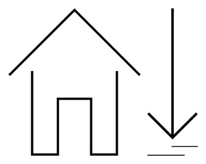 Outline of a house next to a downward arrow. Ideal for technology, download, real estate, navigation, home-based solutions, minimalism, digital storage. Flat simple metaphor