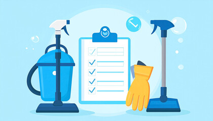A checklist sits between a wet/dry vacuum and a mop, accompanied by cleaning gloves, signifying a thorough cleaning process. Bubbles and checkmarks accentuate cleanliness
