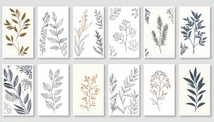 Set of Minimalist Botanical Illustrations Featuring Gray Blue Beige Leaves