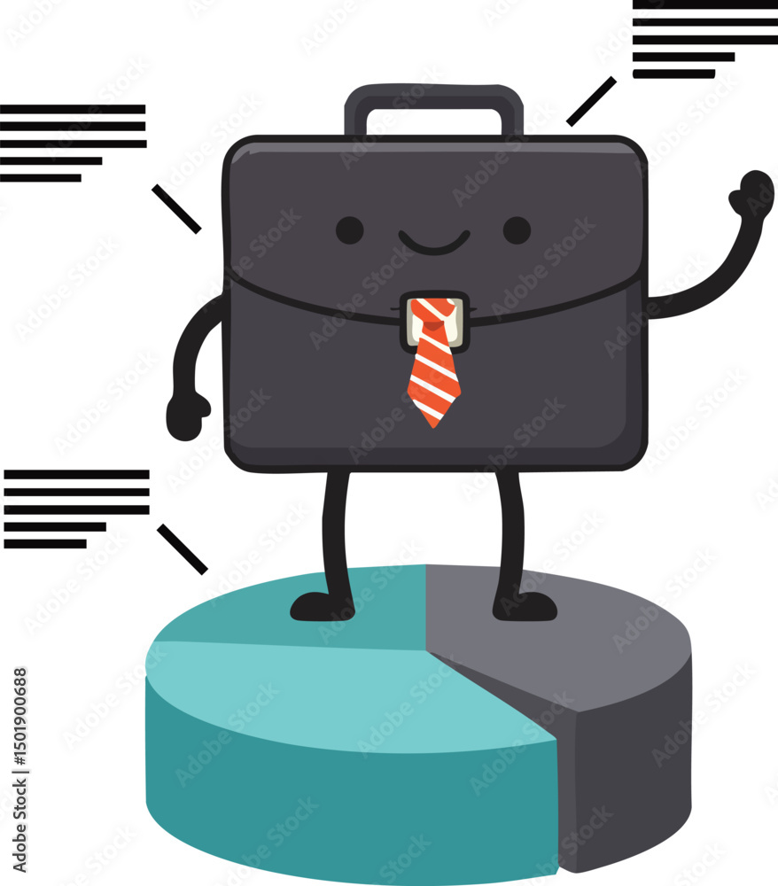 Poster business briefcase character with tie standing on pie chart data presentation vector illustration