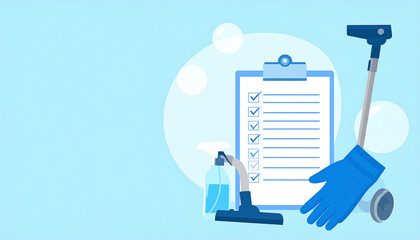 A light blue background features a checklist, cleaning spray bottle, vacuum nozzle, and blue glove, suggesting a cleaning routine or checklist