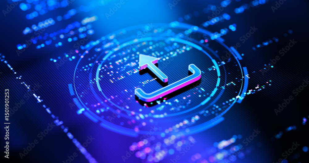 Poster upload icon on digital screen - technology and data transfer concept