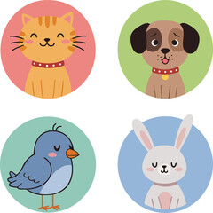 Fototapeta premium Cute cat dog bird and rabbit cartoon animal faces in colorful circles vector illustration 