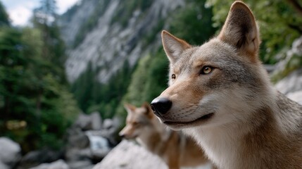 Two wolves stand in a stunning mountainous landscape, one gazing fiercely at the camera while the other turns slightly away