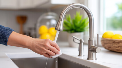 woman washing dishes in kitchen.