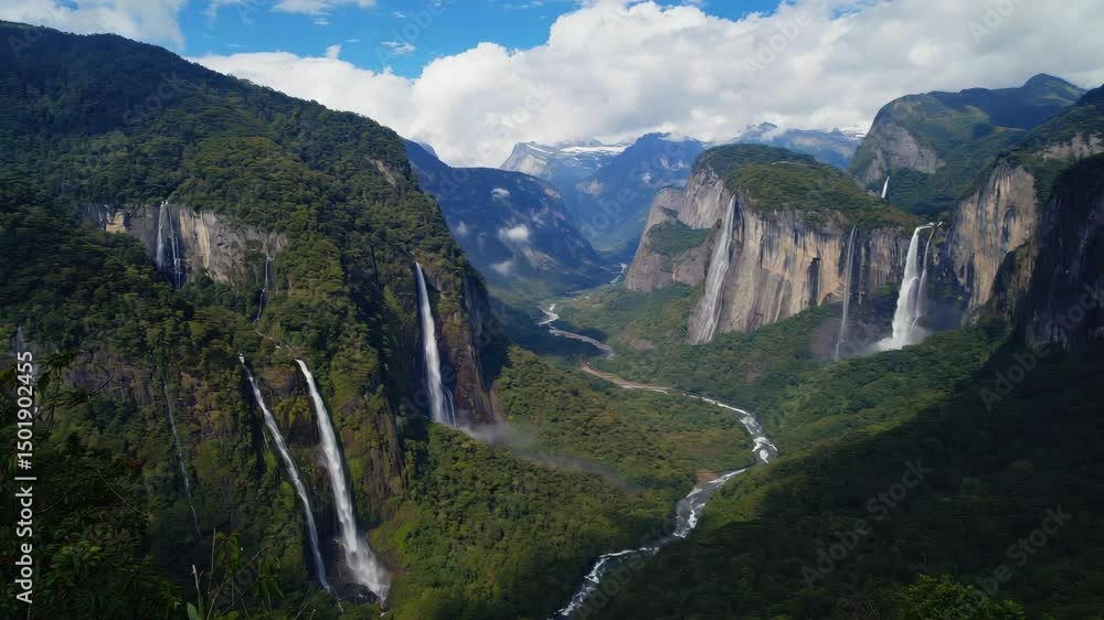 Poster a mountain range with a river running through it. the river has waterfalls on either side. the mount