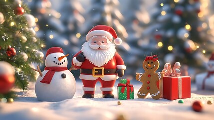 Festive christmas scene with santa claus, snowman, and gingerbread man.