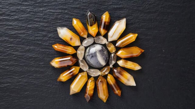 Sunburst arrangement of quartz and amber stones, symbolizing sunshine, natural healing, and aesthetic beauty.