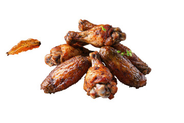 Stacked savory wings sizzle against a black void a culinary delight