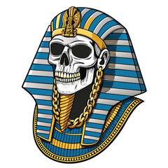 A meticulously detailed illustration of an ancient Egyptian pharaoh's skull adorned with a gold grill and a hip-hop style chain.  High-resolution, hyperrealistic style.