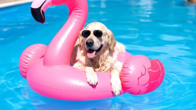 Golden Retriever Dog Wearing Sunglasses On Inflatable Flamingo Pool Float