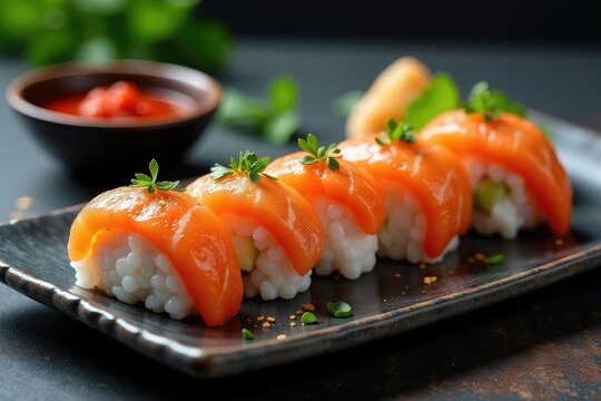 Elegant sushi platter, minimalist arrangement, soy sauce, roll