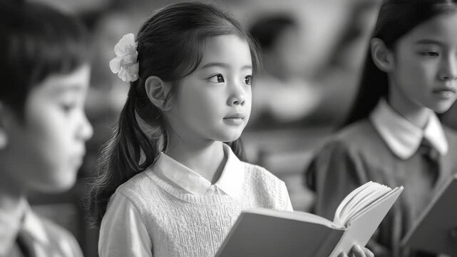 A young girl reads to her classmates during an event, highlighting the importance of reading and education. - Powered by Adobe