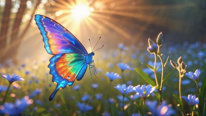A stunning butterfly with radiant blue and orange wings captured in the golden light of a sunset, hovering above a field of delicate blue flowers, creating a vibrant and peaceful moment in nature.