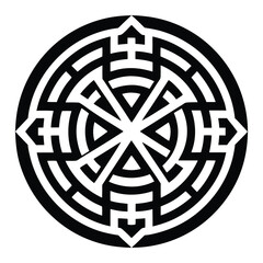 Bold Black and White Circular Geometric Maze with Symmetrical Interlocking Design