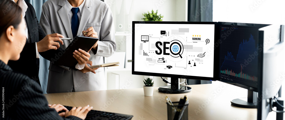 Poster seo search engine optimization for brisk e-commerce and online retail business showing on computer s