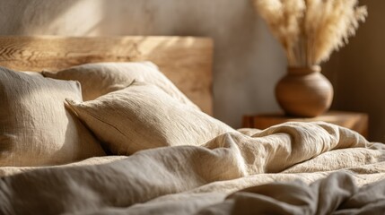 Soft linen bedding and decor create a tranquil bedroom atmosphere