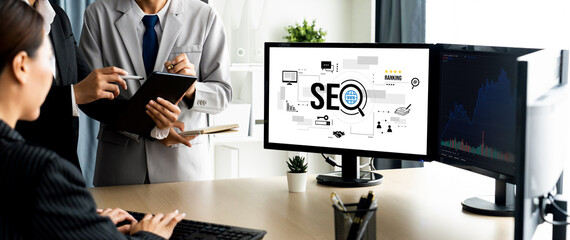 SEO search engine optimization for brisk e-commerce and online retail business showing on computer...