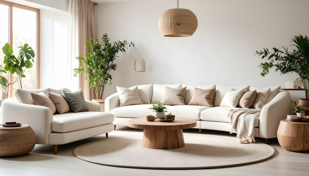 Beige and Cream Modern Living Room Interior with Large Sectional Sofa