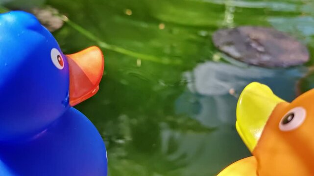 Zwei Gummienten am Gartenteich, Gummientenpaar &ndash; idyllische und romantische Teichszenerie f&uuml;r kreative Garten- und Naturprojekte, spielerische Deko, blaue Ente, gelbe Ente, Liebe, P&auml;rchen, Romantik
