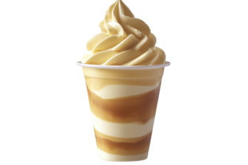 Swirled  layered delight golden frozen custard in a clear cup against a stark black canvas