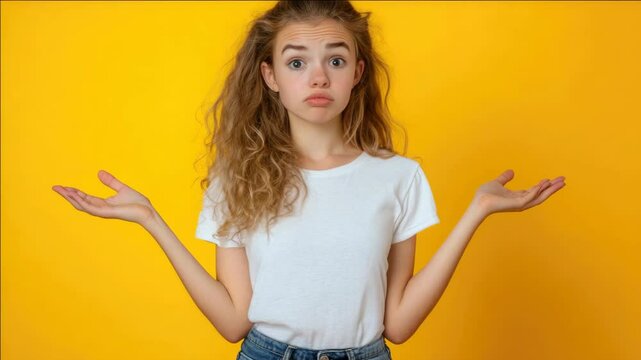 A young girl with a surprised expression, shrugging her hands in confusion. A candid  capturing the moment of shock or disbelief.