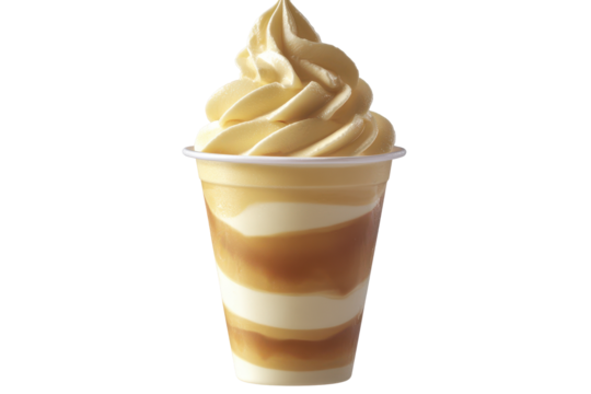 Swirled  layered delight golden frozen custard in a clear cup against a stark black canvas