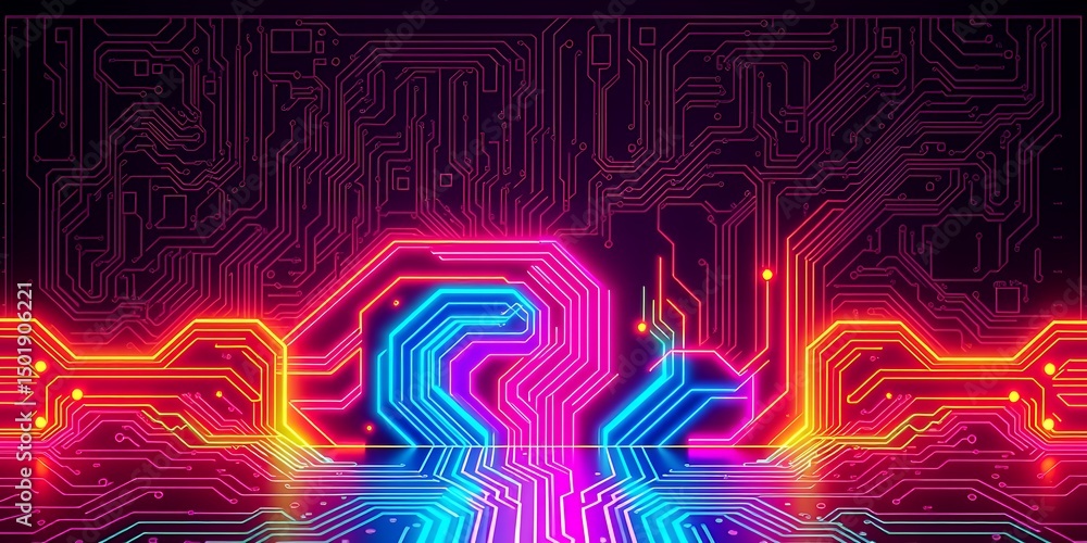 Poster a vibrant circuit board design featuring neon colors and intricate patterns against a dark backgroun