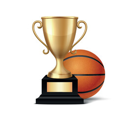 Realistic 3d Basketball Championship Trophy, Vector Illustration. Golden Winner Cup and Basketball Ball. Sports Award, Victory Symbol. Competition, League, Team Achievement, Sport Event Concept
